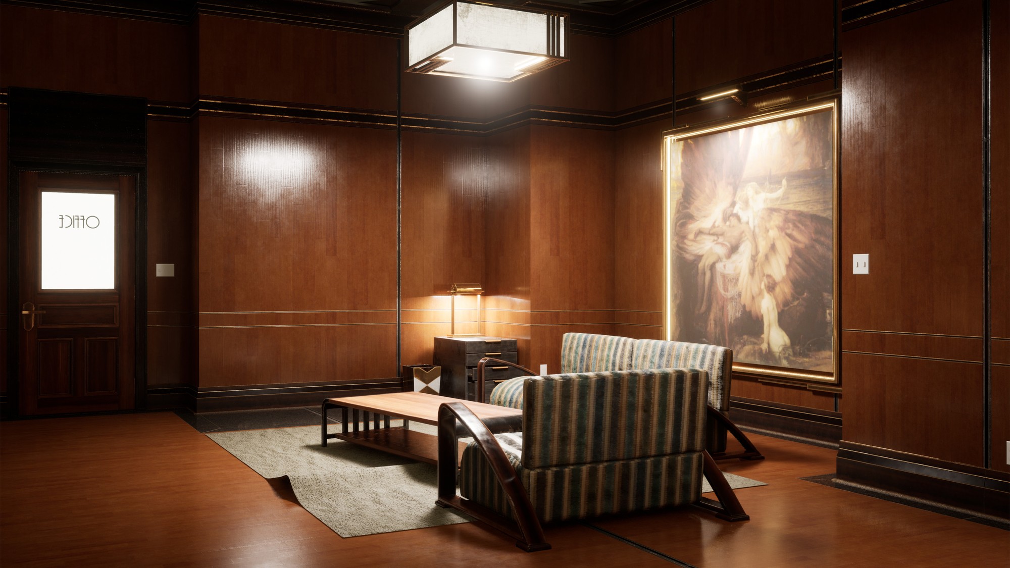 Art Deco lounge and office on a spaceship, Unreal Engine 5