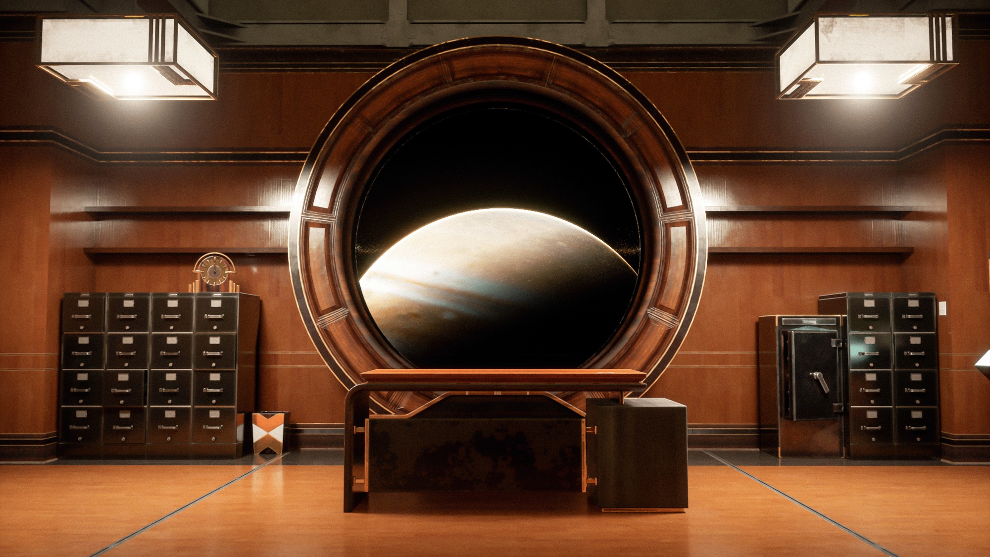Art Deco lounge and office on a spaceship, Unreal Engine 5