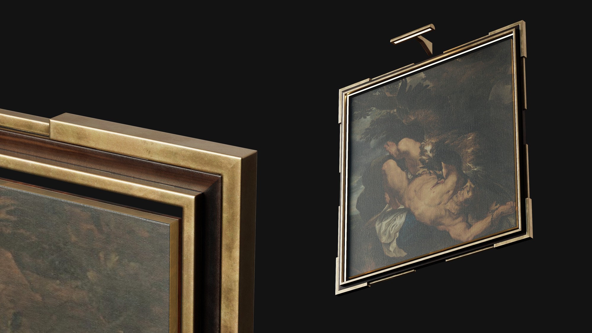 Detail shot of the paintings. I adapted ‘The Lament for Icarus’ by Herbert James Draper and ‘Prometheus Bound’ by Peter Paul Rubens to fit the frames