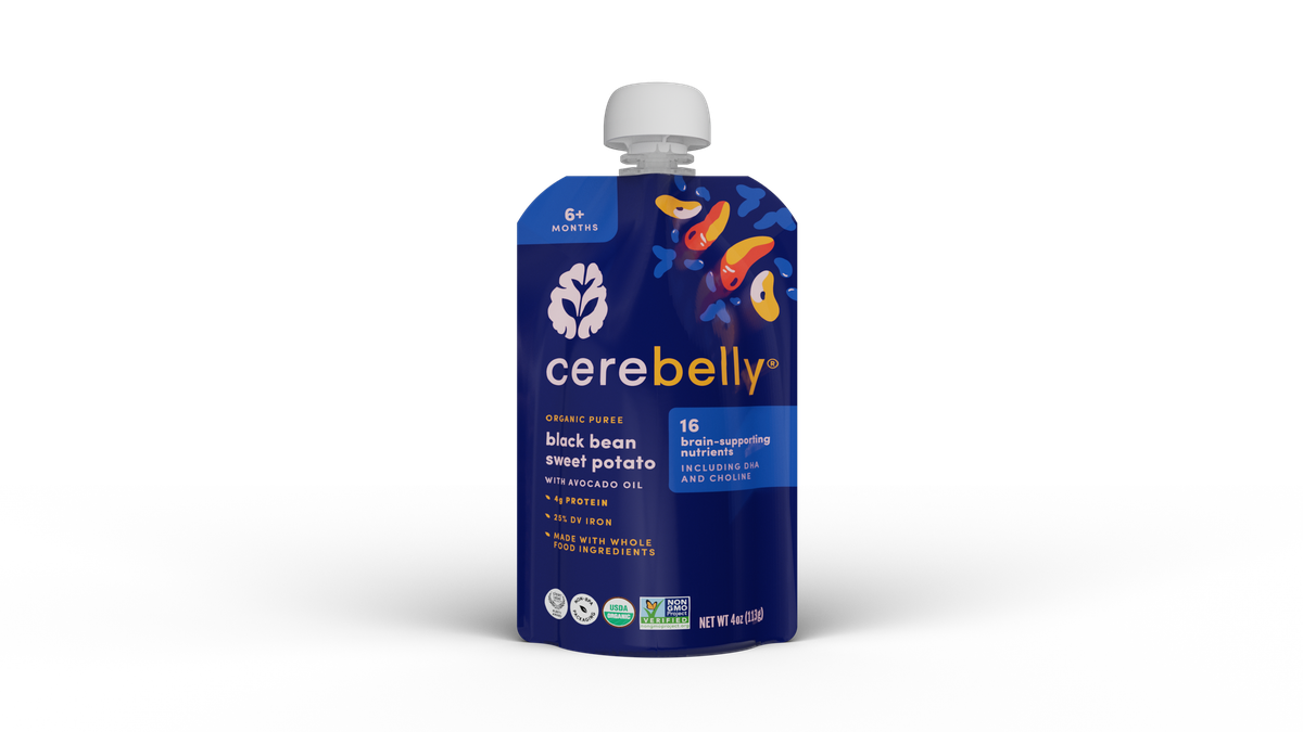 Cerebelly black bean sweet potato puree pouch, front
