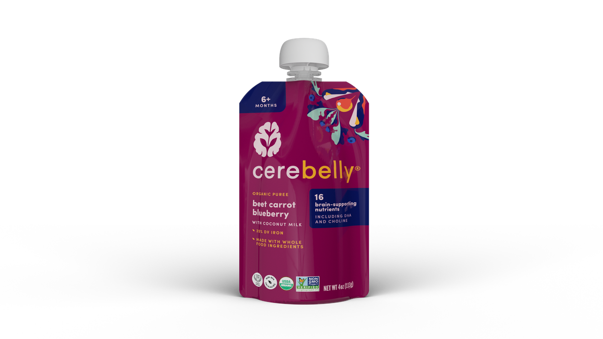 Cerebelly beet carrot blueberry coconut puree pouch, front