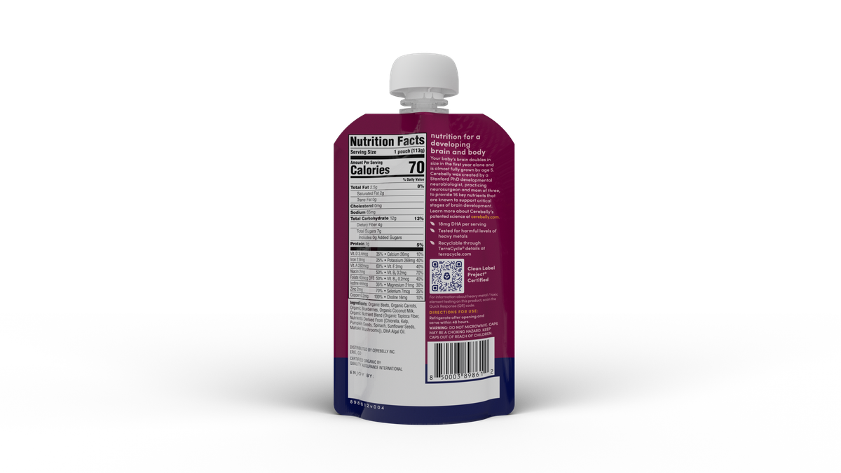Cerebelly beet carrot blueberry coconut puree pouch, back