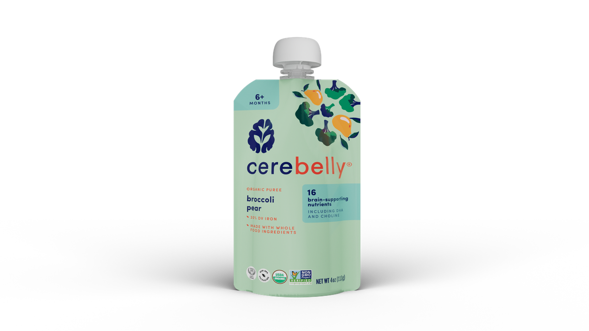 Cerebelly broccoli pear puree pouch, front