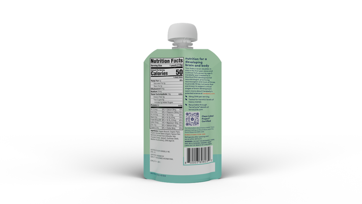 Cerebelly broccoli pear puree pouch, back