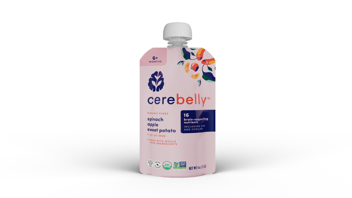 Cerebelly spinach apple sweet potato puree pouch, front