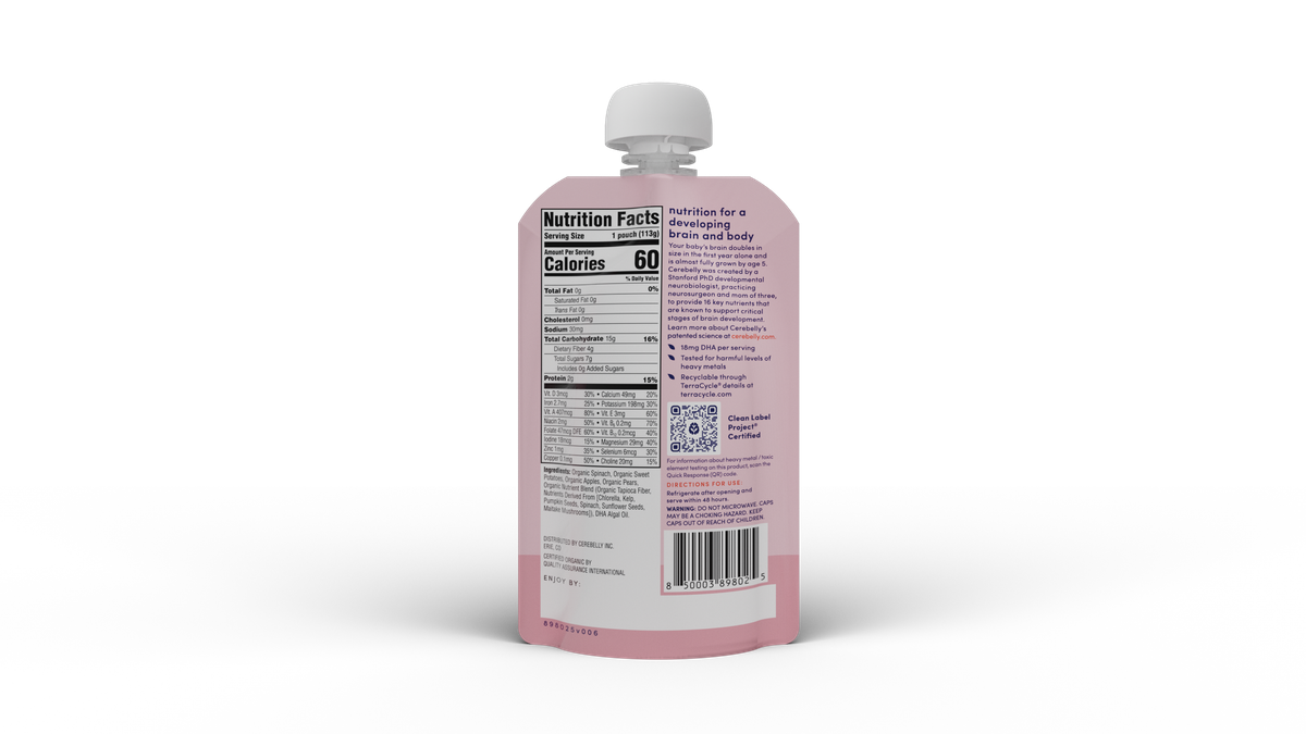 Cerebelly spinach apple sweet potato puree pouch, back
