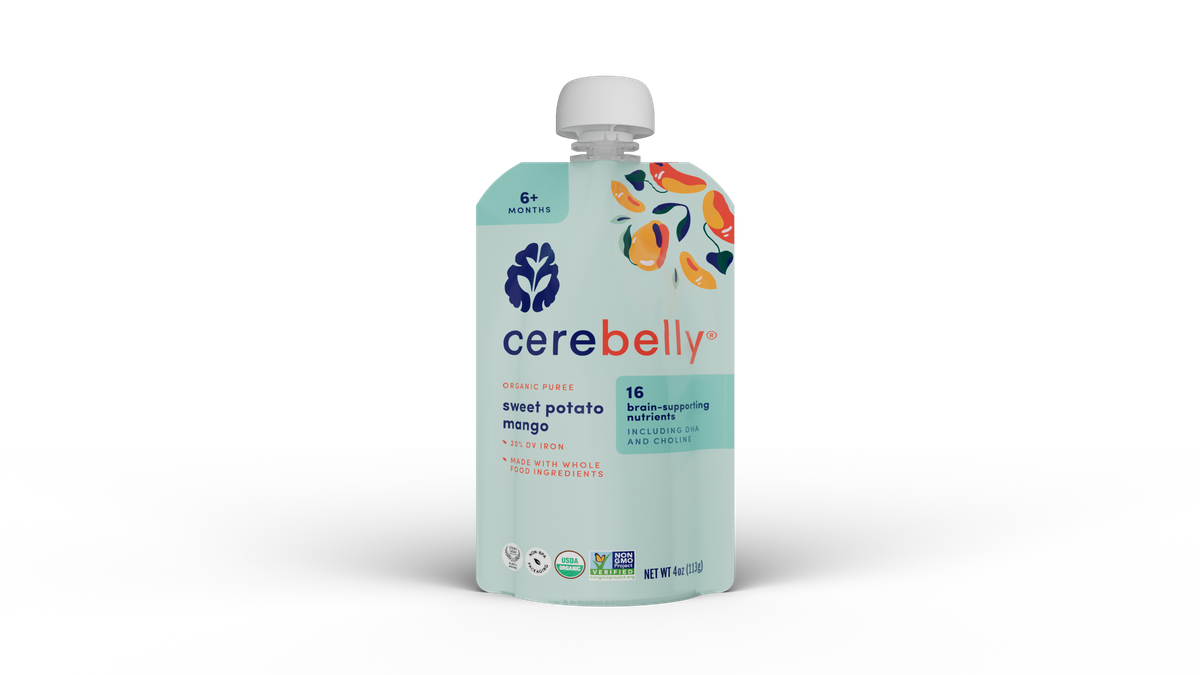 Cerebelly sweet potato mango puree pouch, front
