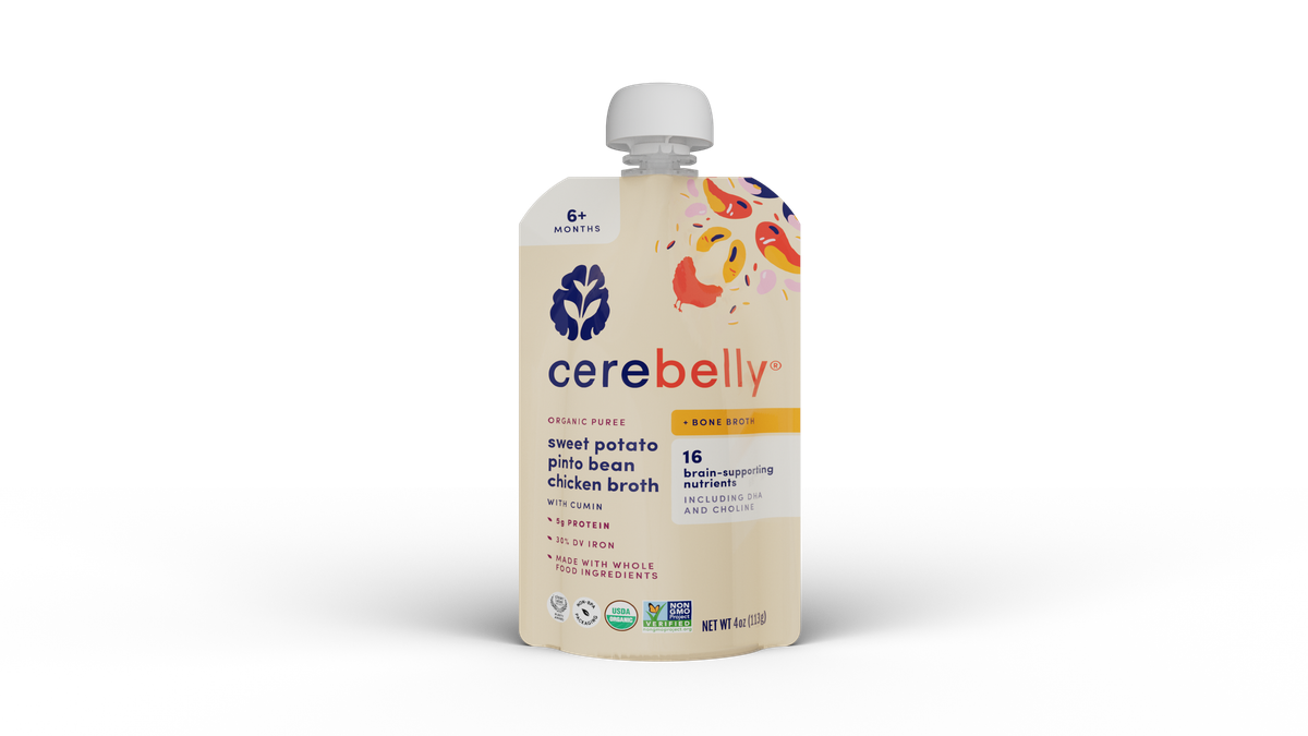 Cerebelly sweet potato pinto bean puree pouch, front