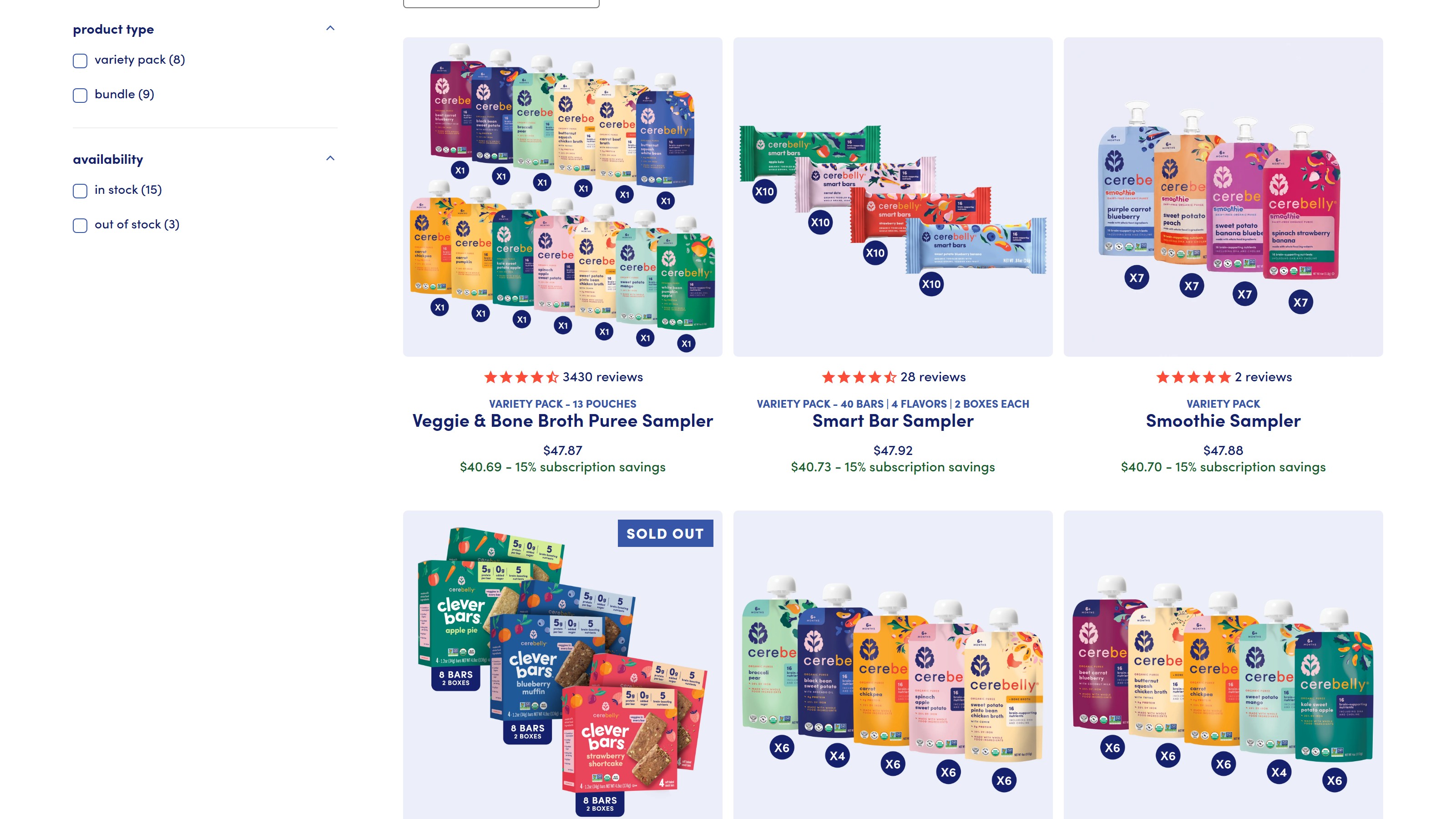 Cerebelly’s Variety Packs & Bundles collection on cerebelly.com, showing the packaging renders in use